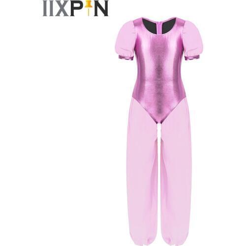 Girls Fairy Princess Lyrical Dance Costume Short Puff Sleeves Metallic Chiffon Splice Ballet Dance Gymnastics Leotard Unitard