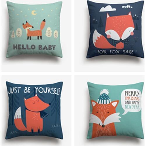 Sweetenlife Cute Fox Pattern Cushion Cover White Linen Material Pillow Covers Decorative High Quality Cushion Home Decor