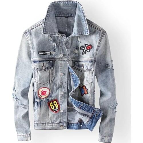 Fashion Streetwear Men Light blue Denim Jackets High Quality Retro Patches Designer Denim Coats Men Skulls Printed Hip Hop Tops
