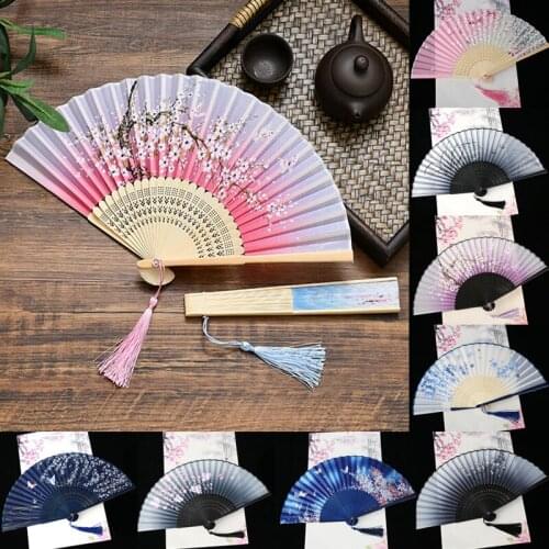 Vintage Silk Folding Fan Retro Chinese Japanese Bamboo Folding Fan Dance Hand Fan Home Decoration Ornaments Craft Gift 1PC