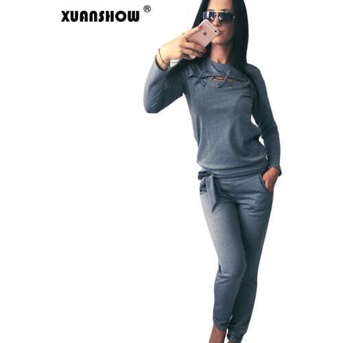 XUANSHOW Womens Tracksuit Sportswear Sexy Hollow Out Hole Long Sleeve Female Suits Sweatshirt and Sweatpants 2 Piece Set Women