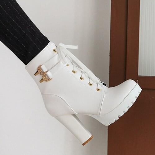 YQBTDL 2020 Autumn Winter High Heels Black White Boots Buckle Strap Lace Up Biker Ankle Boots for Women Platform Ladies Shoes 42