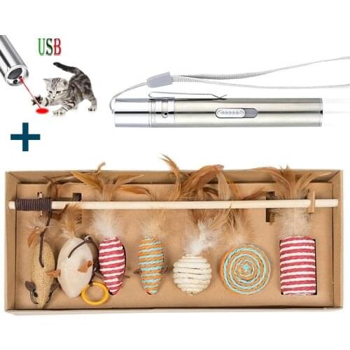 Funny Training Cat 8pcs Toys Sets Lovely Feather Gift Wood Stick Mint Fish Interactive Pet Paw USB Flash Light Pointer PenTeaser