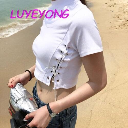 Lady O Neck Lace-up Bandage Hollow Out Streetwear Black White Punk Rock Top Women Gothic Eyelet Cool Short-length T Shirt 2021