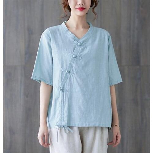 Women Cotton Linen Casual T-shirts New 2021 Summer Vintage Style V-neck Solid Color Loose Female Short Sleeve Tops Tees B699