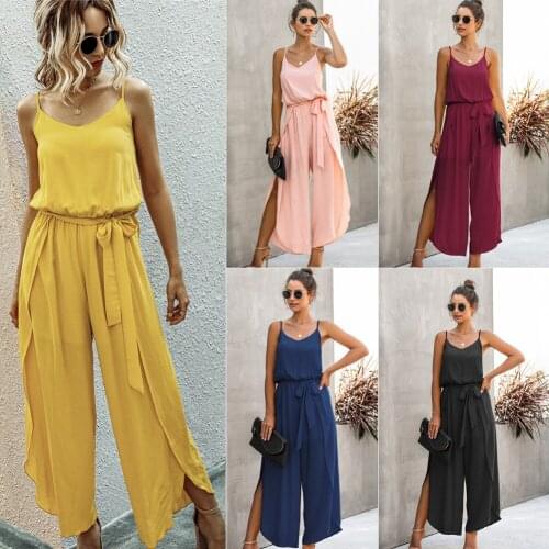Women Wide Leg Jumpsuit Casual Sling V Neck Backless Lace Up Side Split Summer Romper 2021 Solid High Waist Cotton Loose Overall
