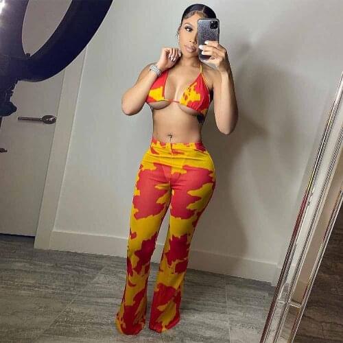 Mesh Sheer Aesthetic Printed 3 Piece Matching Sets Women Halter Neck Backless Bra Tops+underpant+bell Bottom Pant See Through