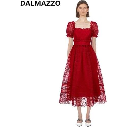 High-end Design Women Fashion Slash Neck Red Lace Long Dress 2020 Newest Summer Self-Portrait Ladies Puff Sleeve Runway Dresses