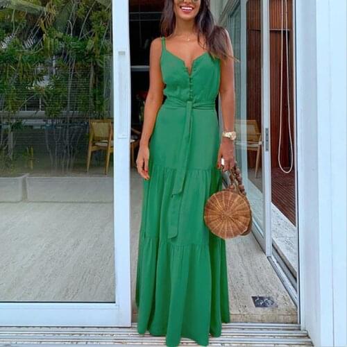 2021 Women Summer Personalized Button Stitching Dress Boho Style Sleeveless Strappy Female V-Neck Bandage Party Beach Dresses