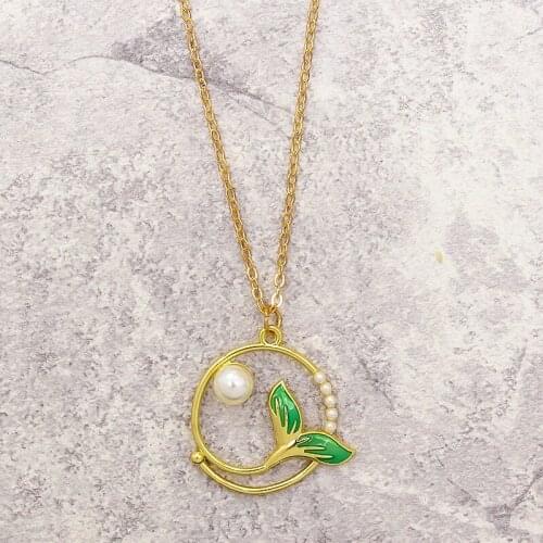 Golden Circle Green fishtail Pendant Necklace Metal zinc alloy Imitation pearl Fashion Necklace