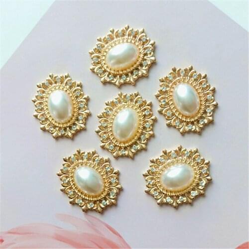 10pcs/lot Alloy Christmas Oval Gold Rhinestone Pearls Buttons for Clothing Flatback Wedding Embellishment Jewelry Craft