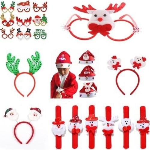 12pcs Santa Claus Snowman Reindeer Christmas Hat Headband Bracelet Card Glasses Decoration Dress Up Gifts Children Adult
