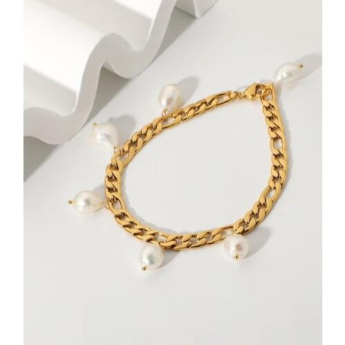 18K Gold Plated Stainless Steel Baroque Freshwater Bracelets For Women Figaro Chain Bracelet Party Jewelry