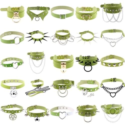 2021 Unusual Punk green PU Leather Chains Lock Key Heart Round Rivet Collar Studded Choker Necklace Body gothic Party Jewelry