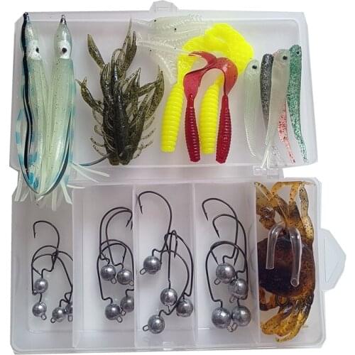 33PCS Fishing hook and Soft Fishing lures set Jig head crank hook Octopus skirt Silicone worm fish Imitation crab with hook