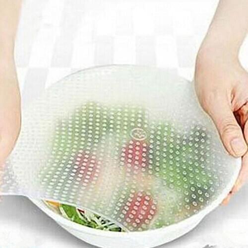 4Pcs/set Transparent Silicone Film Food Wraps Seal Reusable Food Keeping Fresh Container Lid Wrap Home Kitchen Freezer Bags