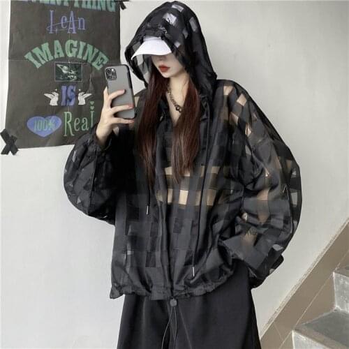 Deeptown Gothic Sheer Top Plaid Transparent Blouse with Lush Sleeve Black Shirt Women Korean 2021 Oversize Punk Alt Clothes Chic