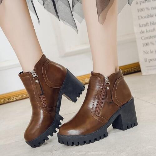 Fashion Women Ankle Boots Brown Black Leather Chunky Heel Platform Riding Boots Spring Autumn Office Ladies Shoes Botas Woman