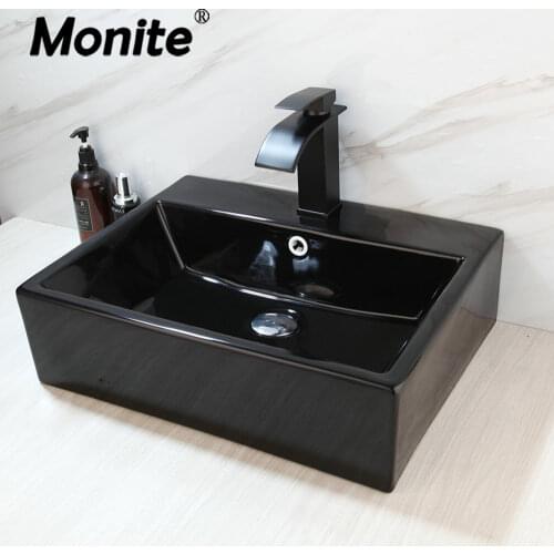 Monite Bathroom Sink Black Ceramic Washbasin Oil Bronze Basin Brass Faucet Bath Combine Brass Set Faucet Mixer Tap