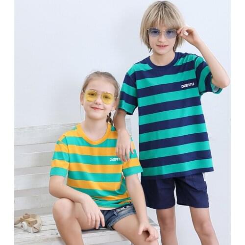 Boys T-shirt Girls Tops Summer Tees For Big Children Teenagers Kids Clothes Summer Fashion Casual Sports Style Stripes 120-170cm