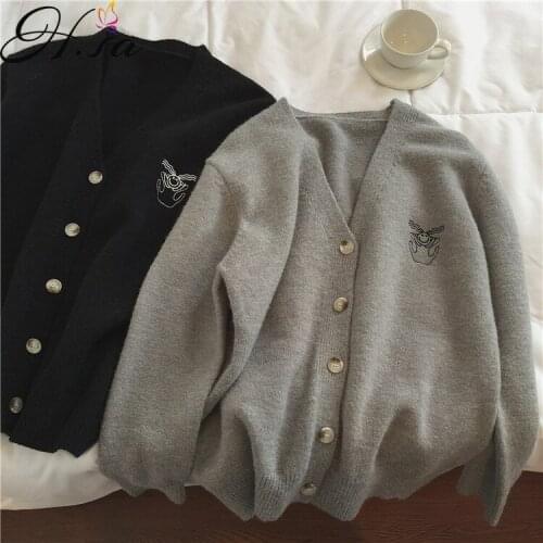 H.sa Casual Fall Sweater Cardigans Outerwear Top Womens Winter Cute Embroidery V-neck Knitted Black Cardigan Knit Sweater Coat