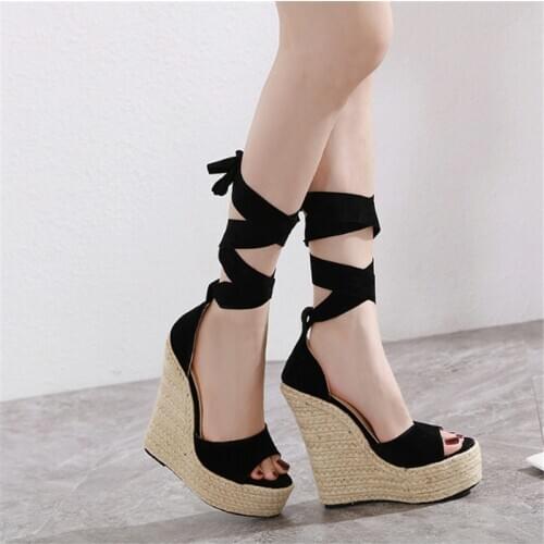 JIANBUDAN New Wedges Womens sandals Thick bottom Rome sandals Cross tied High heels Party Pumps Women Open Toe Sandals 35-42