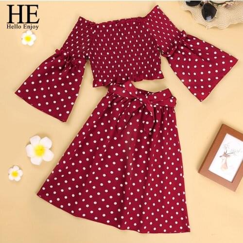 HE Hello Enjoy Fashion Kids Baby Girls Clothes Off Shoulder Stitching Flared Long Sleeves + Skirt Outfits Set Princess Clothing