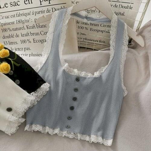 Lace tank corset top women halter neck sweater vest clothes sweet kawaii girly sleeveless vest summer single-breasted crop top