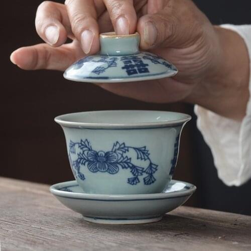 Min Chinese Style Gaiwan Retro Blue-and-White Porcelain Travel TeaCup With Lid Ceramic Antique KungFu Tea Set Soup Bowl Teaware