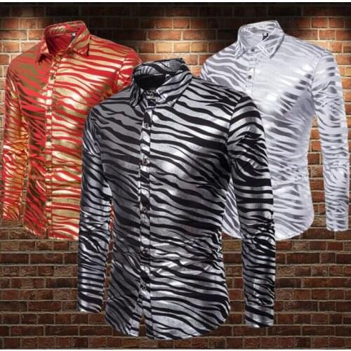 Fashion slim sexy shirt men Zebra pattern hot stamping long sleeve shirt camisa masculina teenage singer stage shirts mens shirt