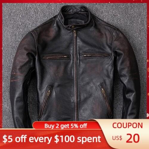 2021 Vintage Black Men Bikers Leather Jacket Plus Size 6XL Genuine Natural Cowhide Spring Slim Fit Motorcycle Style Coat