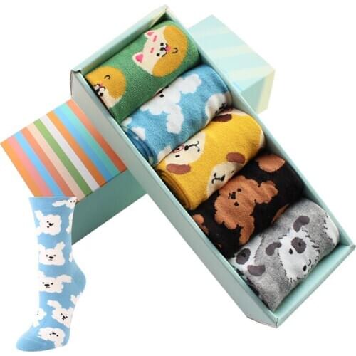 New arrival womens cartoon socks gift box 5pairs/lot colorful cartoon sock female funny animal cotton socks set
