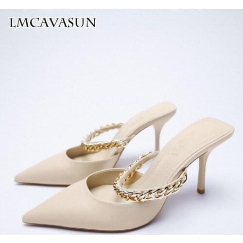 LMCAVASUN 2021 New Elegant Chain Mueller Shoes Pointed Mary Jane Brown High Heels Thin Heel Back Empty Sandals