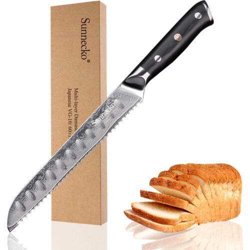 SUNNECKO Professional 8" inch Bread Knife Damascus Japanese VG10 Steel Blade Cake Cutter Kitchen Knives G10 Handle Cooking Tool