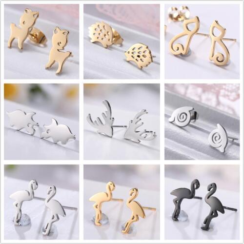 Teamer Animal Stud Earrings Deer Cat Flamingo Snail Hedgehog Rhinoceros Stainless Steel Black Mini Earring for Women