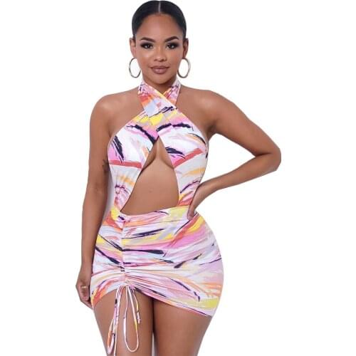 RMSFE 2021 Ladies Sleeveless Cross Neck Fashion Backless Personalized Printing Sexy Hip Wrap Dress