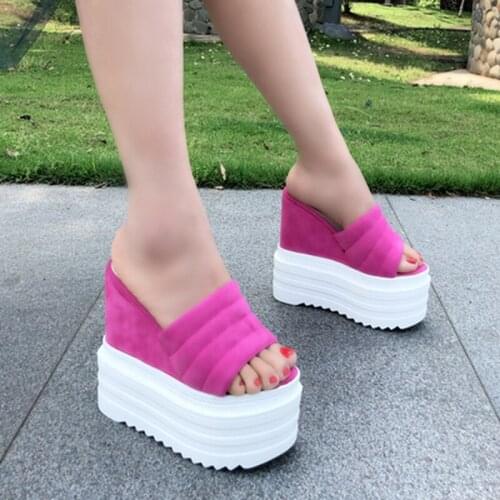 14Cm High Heel Slippers Summer Brand Design Wedges Heighten Slides Sexy Elegant Platform Peep Toe Women Sandals Outdoor Beach