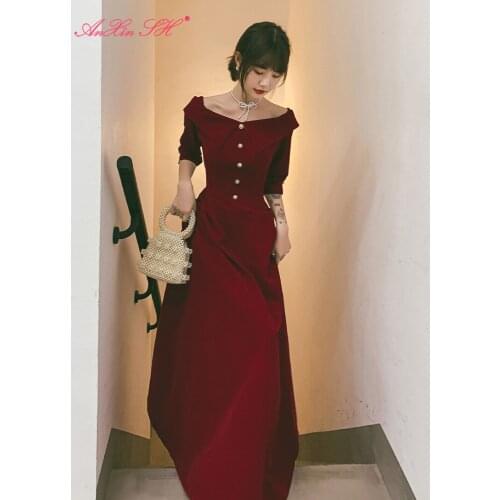 AXJFU Word shoulder pink evening dress short bow evening Dress new sisters satin evening dress graduation dinner party