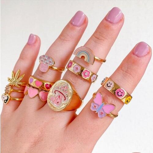 Y2K Jewelry Star Pink Butterfly Heart Yin Yang Ring for Women Vintage Goth Rainbow Crystal Letter Ring Charms 90s Aesthetic New