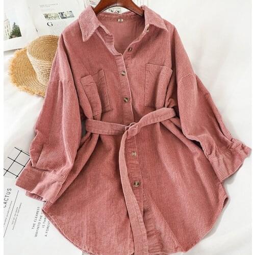 Spring Autumn Women Midi Long Blouse Jakcet Casual Sashes Corduroy Blouses Female Long Sleeve Office Shirts Tops AB1787