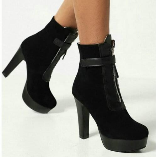 Black Apricot Women Ankle Boots Platform Square High Heel Ladies Short Boots PU Leather Zipper Round Toe Womens Boots Big Size