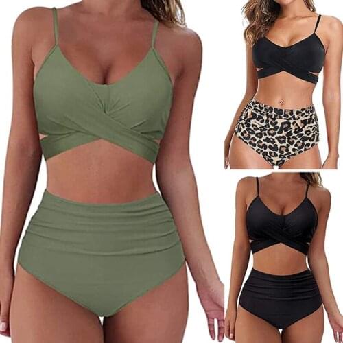 Women Sexy 2 Piece Solid Color Bikini Set Criss Cross Lace-Up Padded Bra Swimsuit Ruched High Waist Thong Bathing Suit