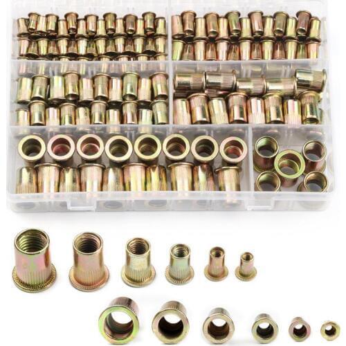 210PCS M4 M5 M6 M8 M10 M12 Carbon steel Rivet Nuts Flat Head Rivet Nuts Set Nuts Insert Reveting Multi Size