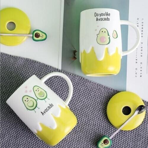 480ml Cute Avocado Cup Mug Large Capacity Coffee Mug With Spoon And Cup Lid Ceramic Milk Tea Cups Kawaii Gift For Kids Creative