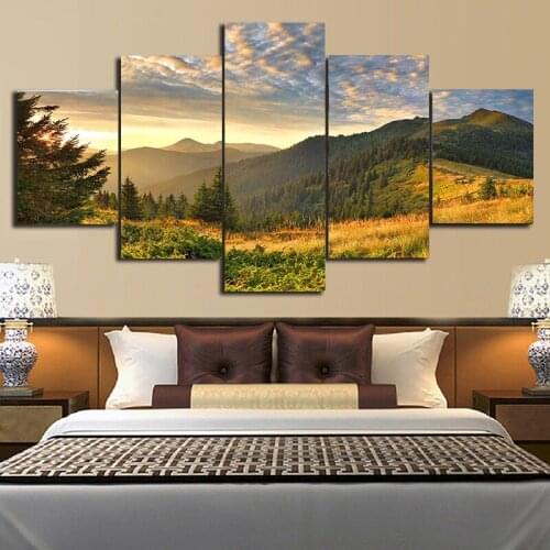 5PCS HD Printmaking Living Room Decoration Sunset Mountain Cloud Green Natural Landscape Poster Modular Wall Art Frameless