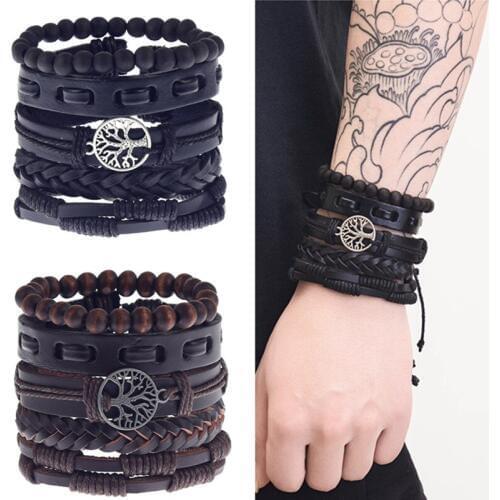 5Pcs/ Set Braided Wrap Leather Bracelets for Men Vintage Life Tree Rudder Charm Beads Ethnic Tribal Wristbands