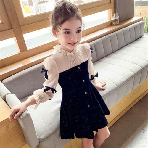Navy Blue Party Dress For Girls Autumn Bowknot Long Sleeve Kids Clothing Classic Kids Dresses for Girls 4 5 7 9 11 13 Years Old