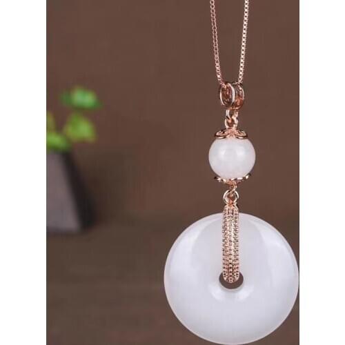 Designer 3 type High-end Natural Xinjiang Hetian White Jade 925 inlaid with safety buttons pendant