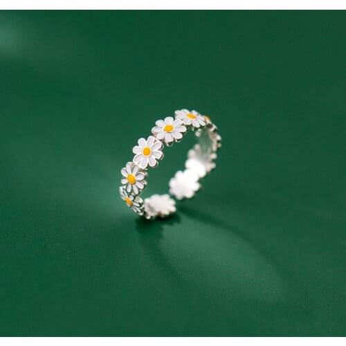Solid 925 Sterling Silver Rings for Women Teen Girls Pave Daisy Flower Adjustable Finger Band Korean Stylish Jewelry 2021