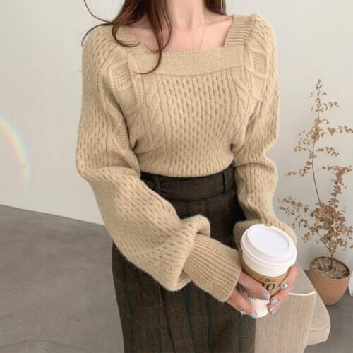 Korean Chic Fahsion Square Collar Knitted Pullovers Sweater Women Lantern Sleeve Loose Spring Autumn Tops Solid Color 2021 New